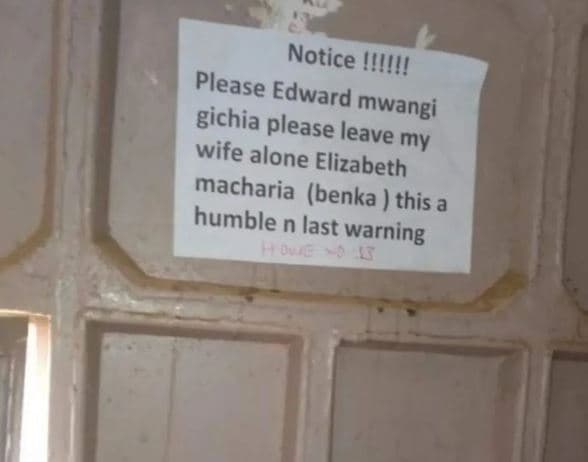 Notice w please edward mwangi gichia please leave my wife alone elizabeth machar