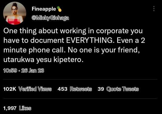 Fineapple miakygichaga one thing about working in corporate you have to document