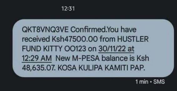 1231 qktbvnq3ve confirmed you have received ksh47500.0o from hustler fund kitty