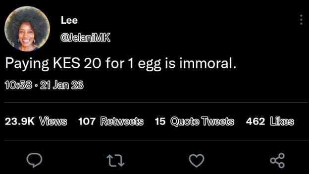 Lee elanimk paying kes 20 for 1 egg is immoral. 21 jan 23 23.9k views 107 retwee