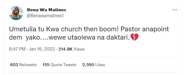 Bena wa malines benawamalinesl umetulia tu kwa church then boom! pastor anapoint