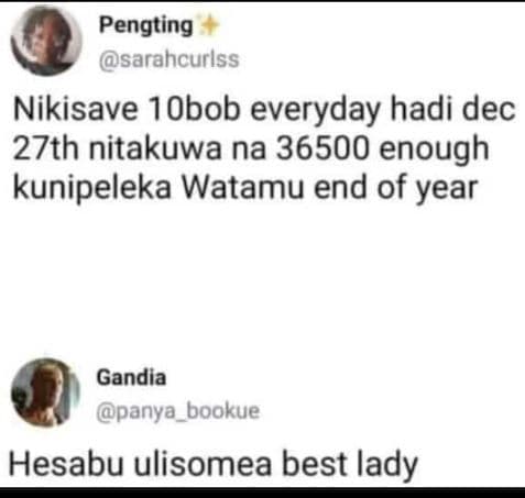 Pengting sarahcurlss nikisave 1obob everyday hadi dec 27th nitakuwa na enough ku