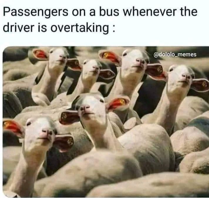 Passengers on a bus whenever the driver is overtaking dololo_memes