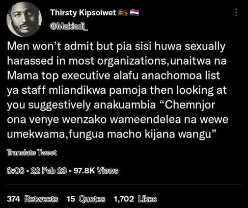 Thirsty kipsoiwet makiad_ men won't admit but pia sisi huwa sexually harassed in