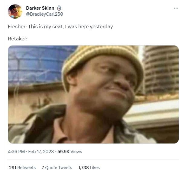 Darker skinn_ bradleycarl250 fresher this is my seat, was here yesterday. retake