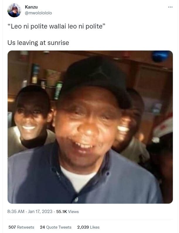 Kanzu mwololololo leo ni polite wallai leo ni polite us leaving at sunrise 8.35