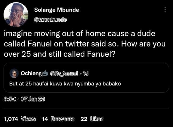 Solange mbunde anmbunde imagine moving out of home cause a dude called fanuel on