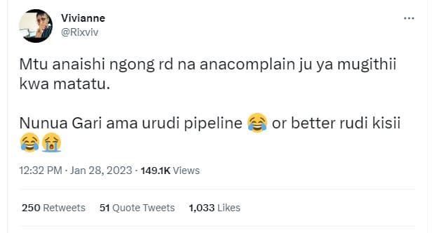 Vivianne rixviv mtu anaishi ngong rd na anacomplain ju ya mugithii kwa matatu. n