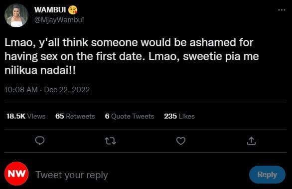 Wambui mjaywambui lmao, y'all think someone would be ashamed for having sex on t