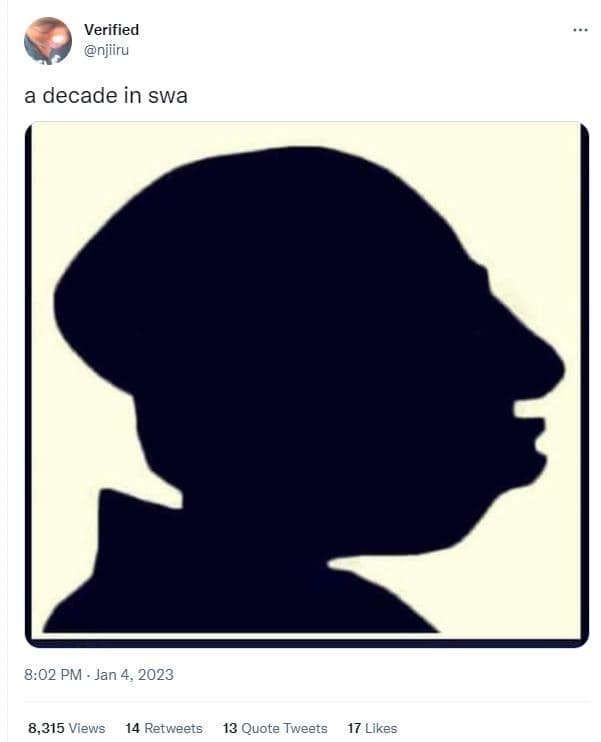 Verified njiiru decade in swa 8.02 pm jan 4, 8,315 views 14 retweets 13 quote tw