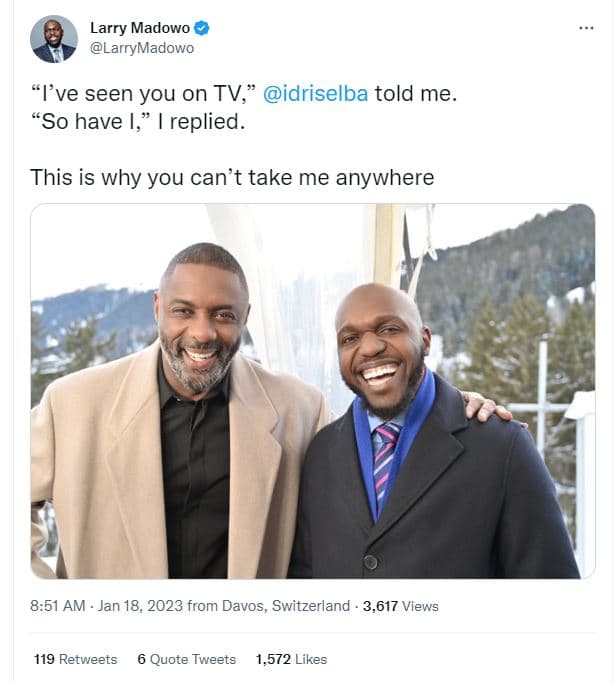 Larry madowo larrymadowo 'ive seen you on tv idriselba told me so have replied.