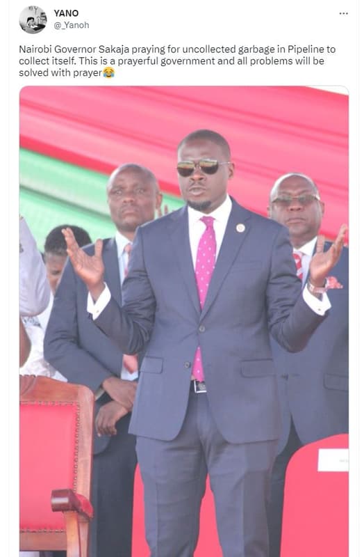 Yano _yanoh nairobi governor sakaja praying for uncollected garbage in pipeline