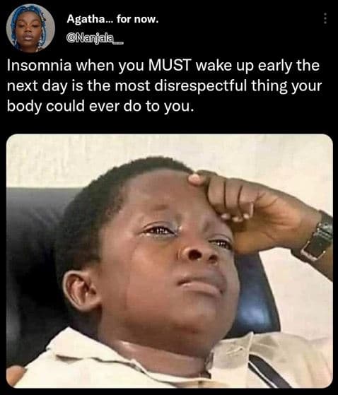 Agatha_ for now. nanjal _ insomnia when you must wake up early the next day is t