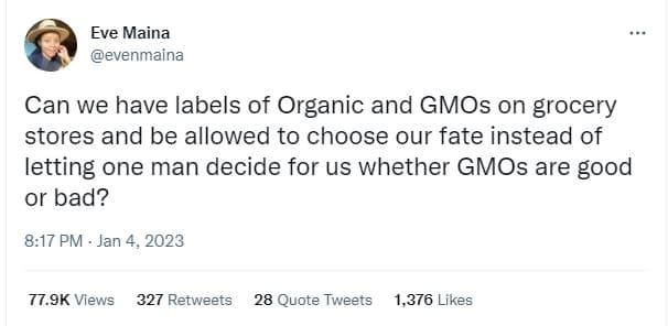 Eve maina evenmaina can we have labels of organic and gmos on grocery stores and