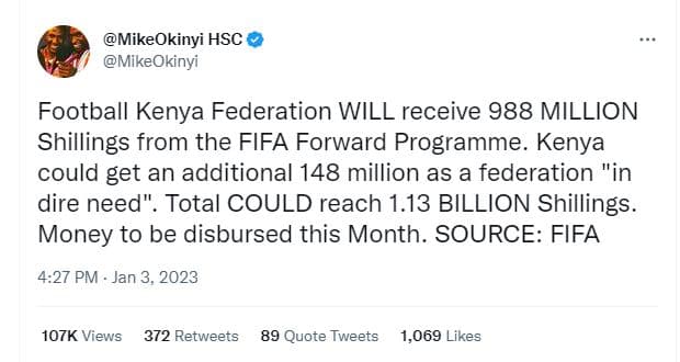 Mikeokinyi hsc mikeokinvi football kenya federation will receive 988 million shi