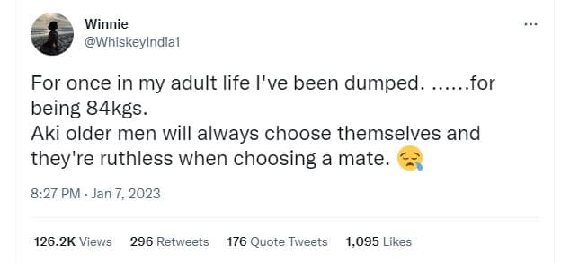 Winnie whiskeylndial for once in my adult life i've been dumped . for being 84kg