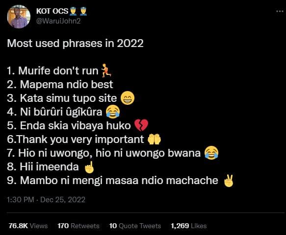 Kot ocs waruijohn2 most used phrases in 1. murife don't run 2. mapema ndio best