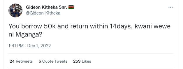 Gideon kitheka snr_ gideon_kitheka you borrow 5ok and return within 14days, kwan
