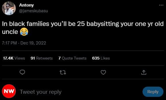 Antony jameskubasu in black families you'il be 25 babysitting your one yr old un