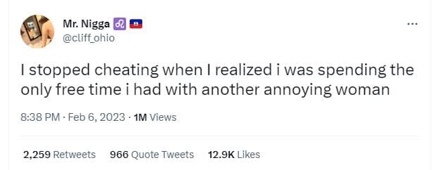 Mr. nigga cliff_ohio istopped cheating when realized was spending the only free