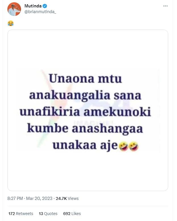 Mutinda brianmutinda _ unaona mtu anakuangalia sana unafikiria amekunoki kumbe a