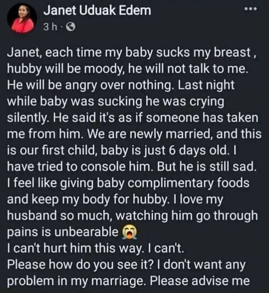 Janet uduak edem 3 h 0 janet, each time my baby sucks my breast , hubby will be