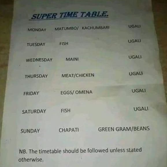 Super time iable monday matumboi kachumbari ugali ugaui tuesday fish ugali weone