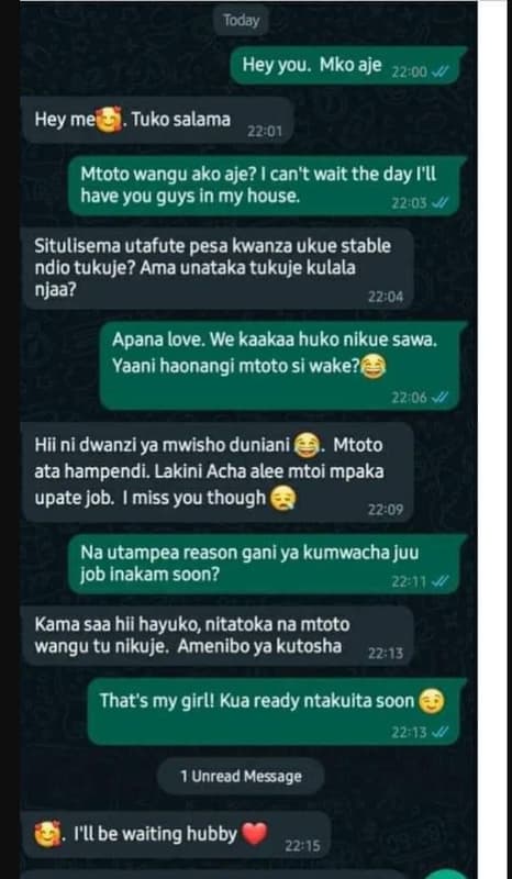 Today hey you. mko aje 2200 hey me tuko salama 22 01 mtoto wangu ako aje? can't