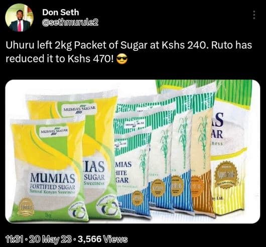 Don seth sethmurule2 uhuru left 2kg packet of sugar at kshs 240. ruto has reduce