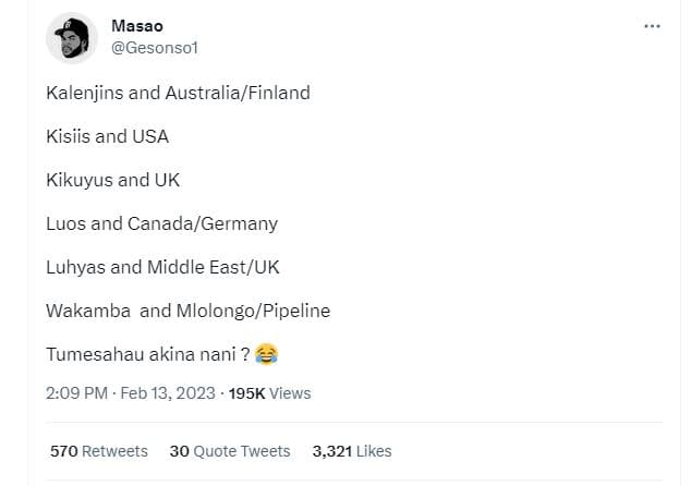 Masao gesonsol kalenjins and australiafinland kisiis and usa kikuyus and uk luos
