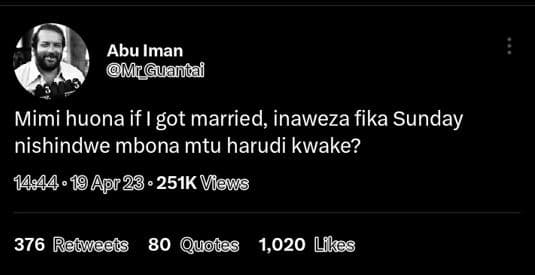 Abu iman mrguantai mimi huona if i got married inaweza fika sunday nishindwe mbo