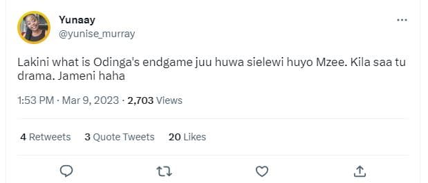 Yunaay yunise_murray lakini what is odinga's endgame juu huwa sielewi huyo mzee.