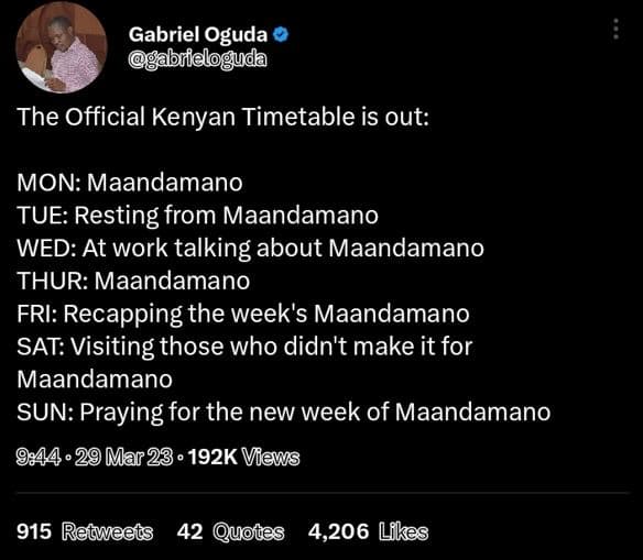 Gabriel oguda brieloguda the official kenyan timetable is out mon maandamano tue