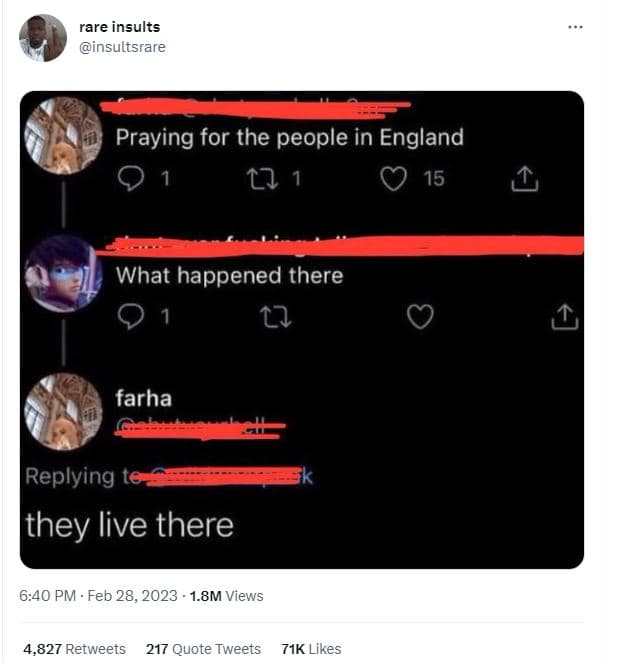 Rare insults insultsrare praying for the people in england 1 1 o 15 what happene