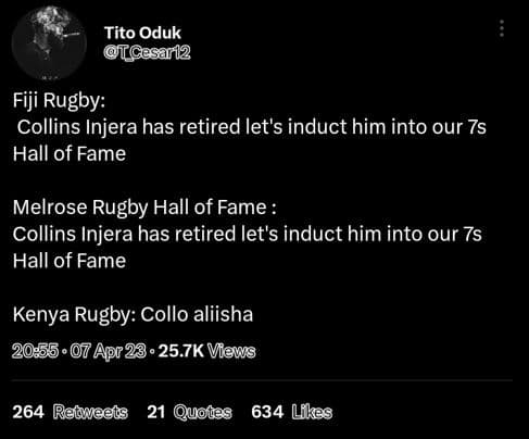 Tito oduk tcasar12 fiji rugby collins injera has retired let's induct him into o
