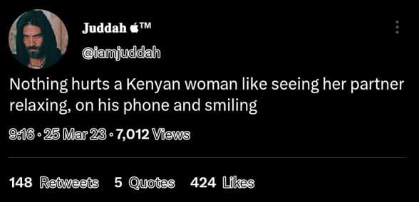 Juddah iamjuddah nothing hurts a kenyan woman like seeing her partner relaxing,
