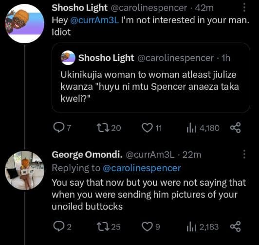 Shosho light carolinespencer 42m hey curram3l i'm not interested in your man. id