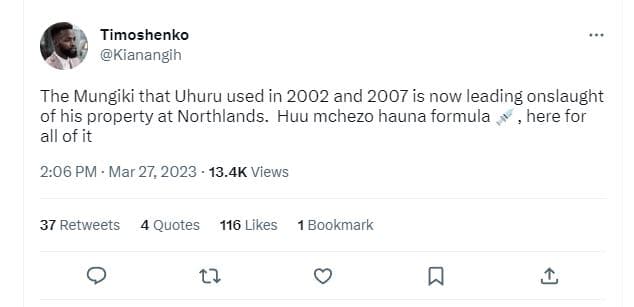 Timoshenko kianangih the mungiki that uhuru used in and is now leading onslaught