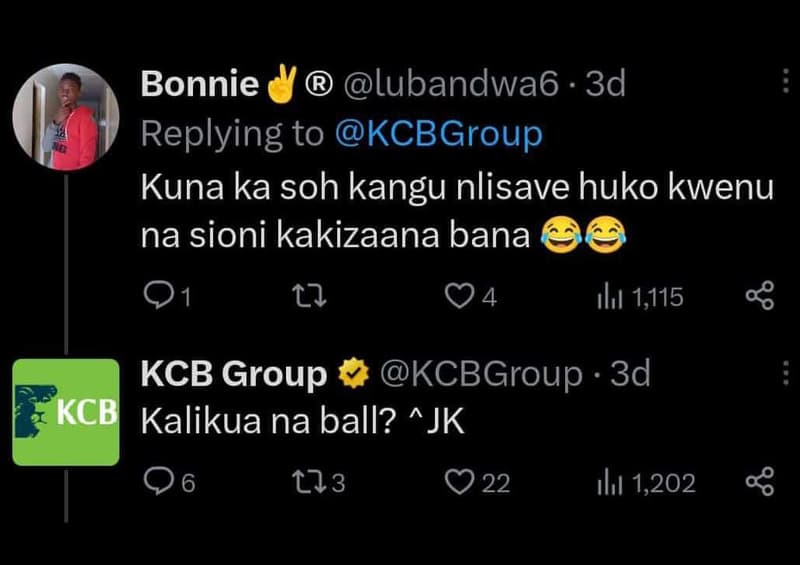 Bonnie lubandwa6 3d replying to kcbgroup kuna ka soh kangu nlisave huko kwenu na
