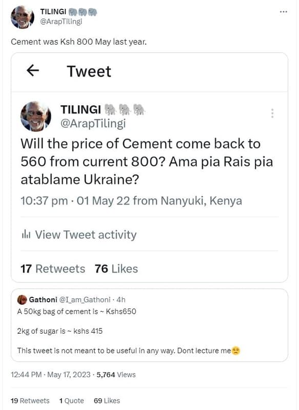 Tilingi 88 araptilingi cement was ksh 800 may last year. tweet tilingi 66 arapti