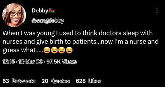 Debby sangdebby when i was young used to think doctors sleep with nurses and giv