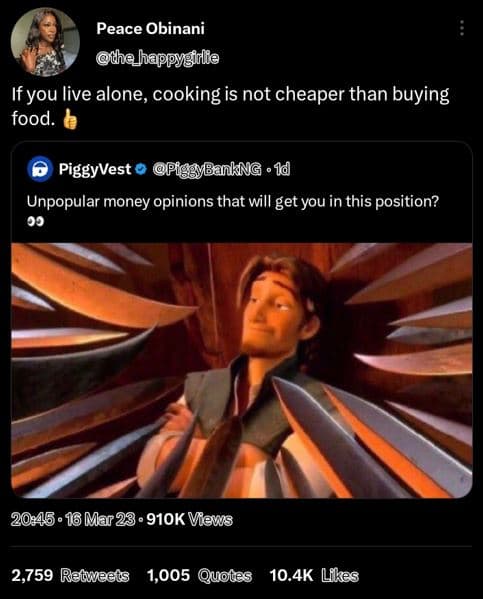 Peace obinani thehappygidlfe if you live alone, cooking is not cheaper than buyi
