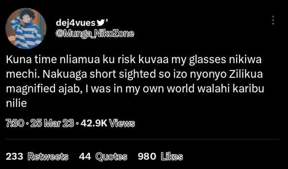 Dej4vues y munganikozone kuna time nliamua ku risk kuvaa my glasses nikiwa mechi