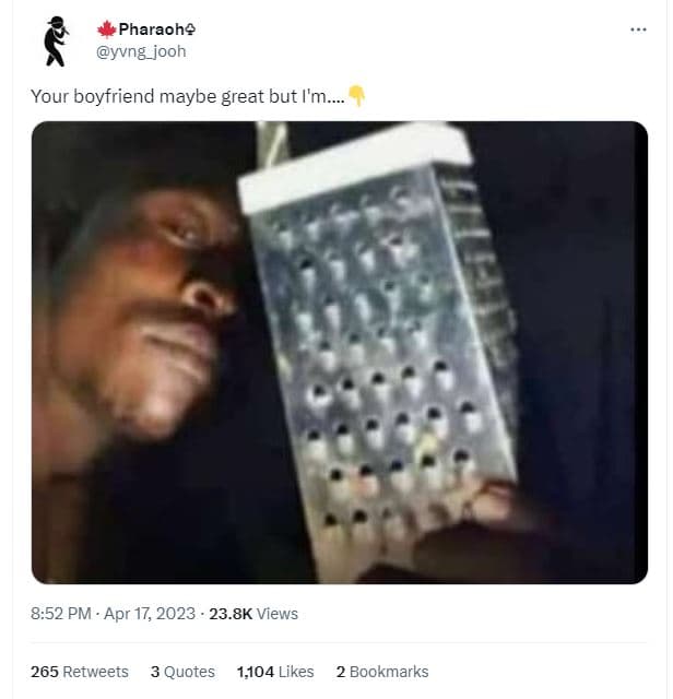 Pharaoh? yvng_jooh your boyfriend maybe great but 'm_ 8.52 pm . apr 17, 23.8k vi