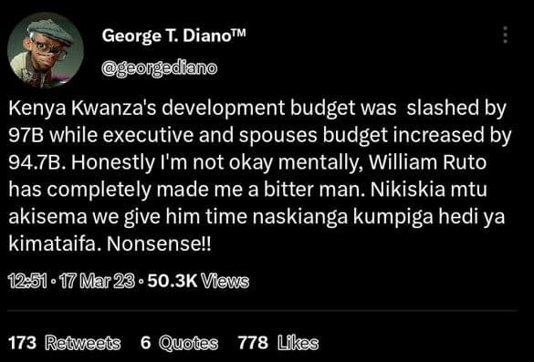 George t. dianotm olgediano kenya kwanza's development budget was slashed by 97b