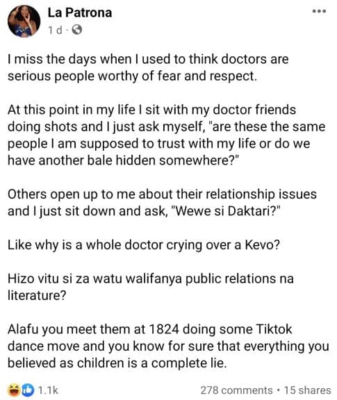 La patrona 1 d imiss the days when used to think doctors are serious people wort