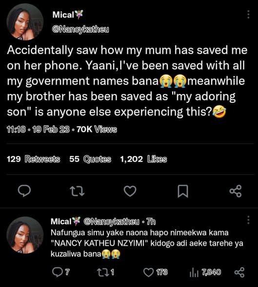 Mical nangykathey accidentally saw how my mum has saved me on her phone. yaani,i