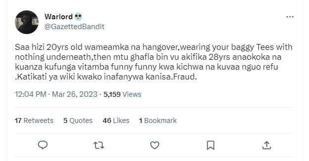 Warlord gazettedbandit saa hizi 2oyrs old wameamka na hangover,wearing your bagg