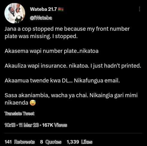 Wateba 21.7 mwbteba jana a cop stopped me because my front number plate was miss