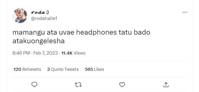 Roda rodahailei mamangu ata uvae headphones tatu bado atakuongelesha 8.46 pm feb